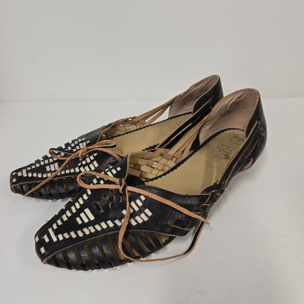 Latigo West Black Leather Woven Huarache Lace Up Flats Shoes Womens Size 9M
